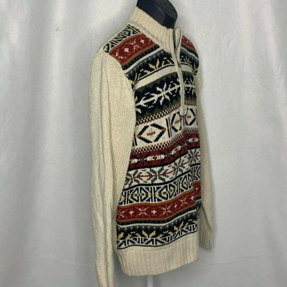 Izod Fair Isle Knit Sweater L Cream Pullover Mock